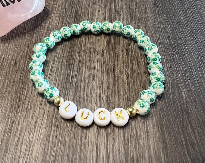 Green Floral Ceramic Bead St. Patrick’s Day “LUCK” Bracelet (Bead size 6mm)