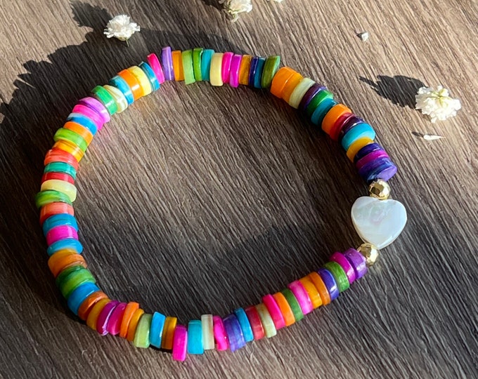 Summer Vibes 5-6 mm Heishi Multicolor Freshwater Shell Beaded Bracelet with MOP Shell Focal Heart Bead and Gold Hematite Spacer Beads