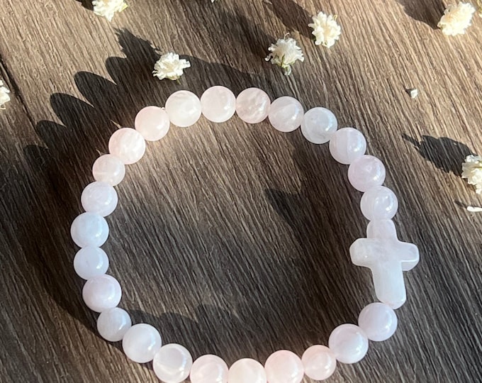 Rose Quartz Holy Cross Beaded Bracelet (Bead size 6mm)