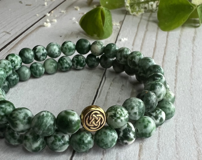 Luck O' Thee Irish! Green Spot Jasper 6 mm Gemstone Bracelet With Silver or Gold Toned Celtic Knot