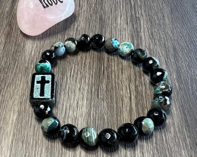 Fire Agate Gemstone Bracelet w/focal cross Czech Glass focal bead