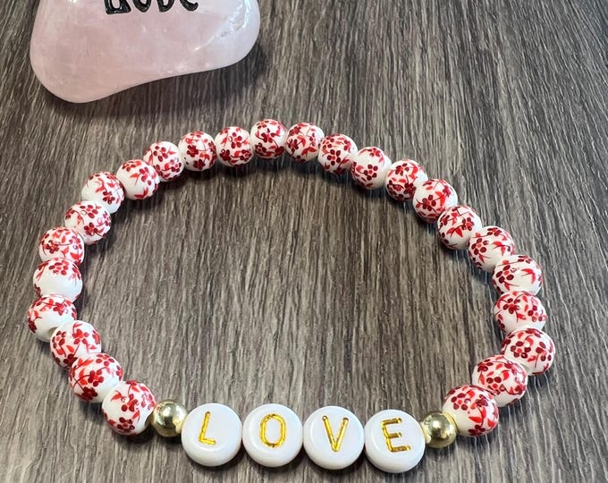 Red Floral Ceramic Bead Valentine's Day “LOVE” Bracelet