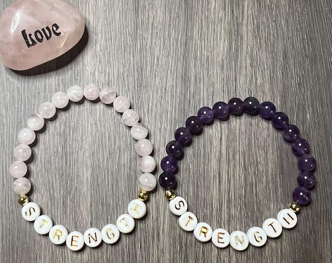Rose Quartz or Amethyst "Strength" Gemstone Bracelet (Bead size 6mm)