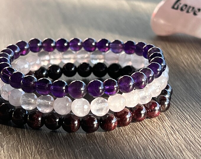 Love Trio: Amethyst, Rose Quartz and Garnet Beaded Bracelets