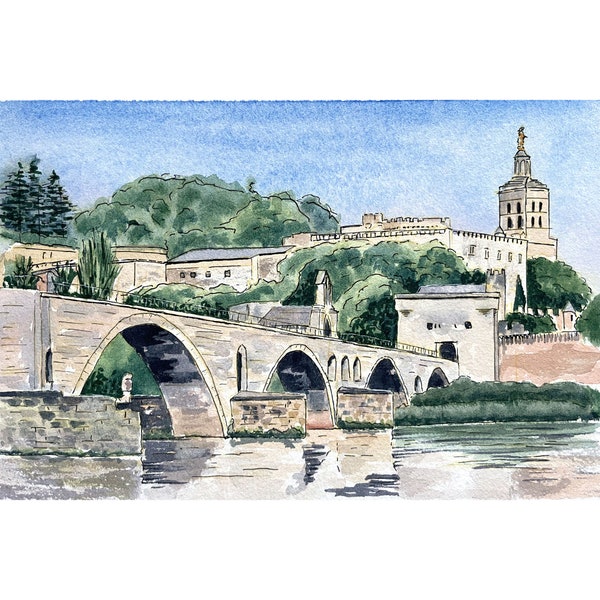 133 Le Pont D'Avignon. A print of my original Pen and Watercolour Painting of Le Pont D'Avignon, in Southern France.