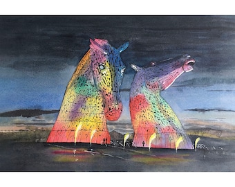 060 The Kelpies Print: Pen & Watercolour, Scotland Art