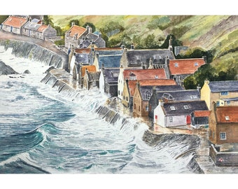 028 A print of my original watercolour painting of Crovie, a small village on the north Aberdeenshire coast, Scotland, in stormy seas.