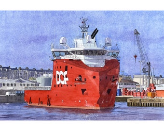 062 A print of my pen & watercolour painting of the North Sea Platform Supply Vessel "Skandi Aukra" in Aberdeen Harbour