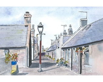 005 A print of my original pen and watercolour painting of a scene from Footdee, at the mouth of the River Dee in Aberdeen, Scotland