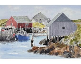 126 Peggy's Cove Art Print, Pen and Watercolour Painting, Nova Scotia Landmark