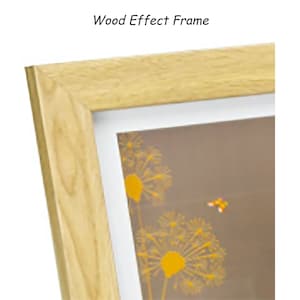 May include: A light-colored wood effect frame with a white border. The frame surrounds a picture with a brown background and yellow dandelion and bee graphics. The text "Wood Effect Frame" is at the top.