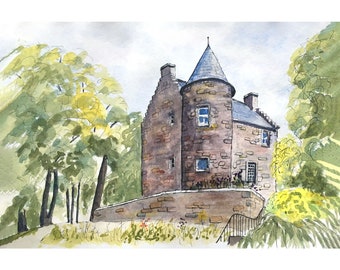 014 A print of my original Pen and Watercolour Urban Sketch of Benholm’s Lodge (aka Wallace Tower) in Seaton Park Aberdeen, Scotland.