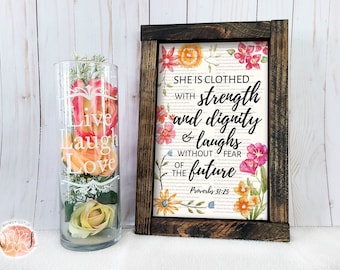 Proverbs 31:25 Framed Wood Sign, Rustic Floral Scripture Art