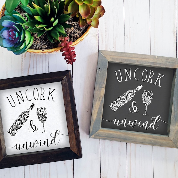 Uncork and Unwind Wine Rustic Farmhouse Kitchen Wood Sign, Funny Humor Framed Kitchen Sign