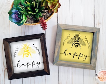 Letrero de madera enmarcado "Bee Happy": decoración rústica de verano