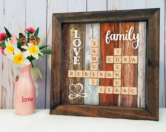 Scrabble Family Name Board | Personalized Frame | Scrabble Tile Wall Art | Rustic Farmhouse Decor