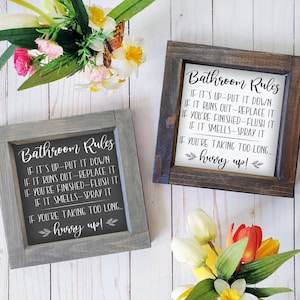 Bathroom Rules Rustic Farmhouse Wood Sign, Funny Humor Frame