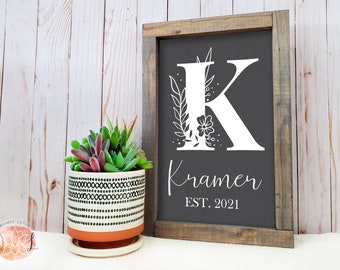 Family Established Last Name Floral Monogram Initial Rustic Farmhouse Wood Sign, Personalized Custom Framed Sign