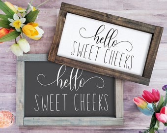 Hello Sweet Cheeks Rustic Farmhouse Bathroom Wood Sign, Funny Humor Framed Bathroom Sign