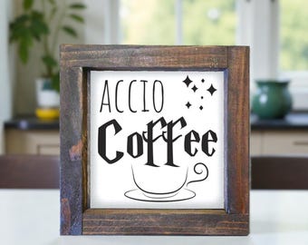 Accio Coffee Wood Sign: Rustic Farmhouse Kitchen Decor
