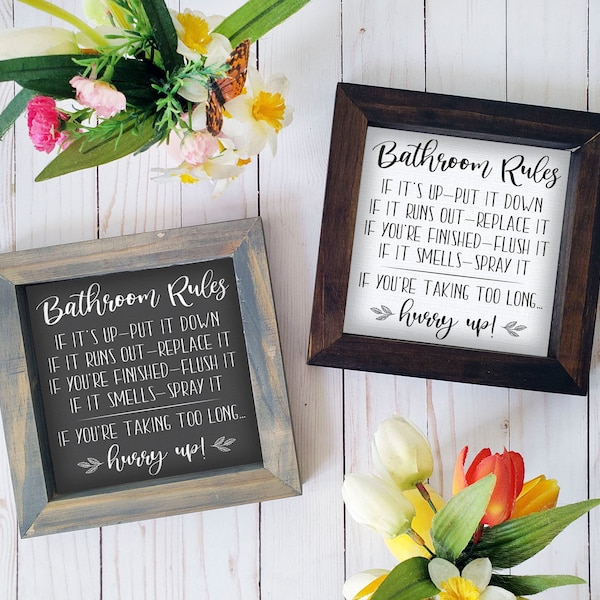 Bathroom Rules Rustic Farmhouse Wood Sign, Funny Humor Frame