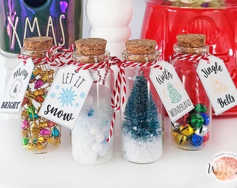 Christmas Mini Bottles | Christmas Trinket Jars | Holiday Tiered Tray Decor | Jingle Bells | Snow | Lights