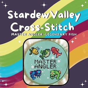 May include: A blue cross-stitch hoop with the words "Master Angler" and pixelated images of fish, including a red fish, a green fish, a yellow fish, a blue fish, and a green fish. The background is a rainbow gradient.