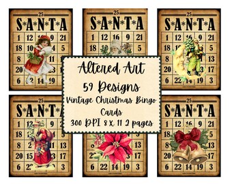 May include: A set of six vintage Christmas bingo cards with a Santa theme. Each card features a different image of Santa Claus, a Christmas tree, or other holiday decorations. The cards are printed on a brown background with a distressed look. The text "SANTA" is printed in a bold font at the top of each card. The numbers 1 through 25 are printed in a smaller font in the squares on each card. The text "Altered Art 59 Designs Vintage Christmas Bingo Cards 300 DPI 8 x 11 2 pages" is printed in a larger font at the bottom of the image.