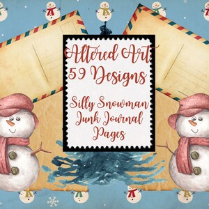 Può includere: 59 design digitali con divertenti pupazzi di neve su cartoline in stile vintage, perfetti per il junk journaling. I design sono in stile acquerello con uno sfondo blu e fiocchi di neve.