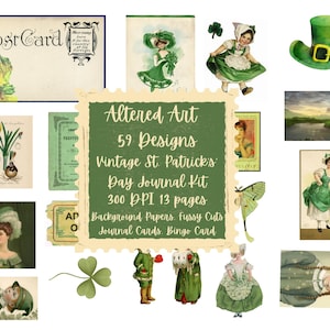 Kit de journal vintage pour la Saint-Patrick, 12 documents de fond, deux pages, cartes de journal éphémères sur le thème de la Saint-Patrick, carte de bingo, carte de bibliothèque