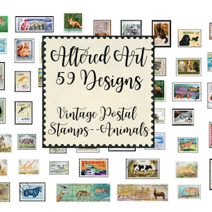 Sellos postales antiguos: animales Descarga digital Archivos imprimibles instantáneos para usar en diarios, álbumes de recortes, composiciones artísticas,