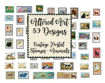 Vintage Postal Stamps--Animals Digital Download Instant Printable files for use in journaling, scrapbooking, art compositions,