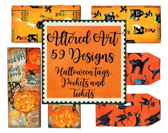 Könnte beinhalten: Eine Sammlung von 59 Halloween-inspirierten veränderten Kunstdesigns. Die Designs umfassen Etiketten, Taschen und Tickets. Die Designs zeigen Kürbisse, schwarze Katzen und andere Halloween-Bilder. Die Designs sind auf orangefarbenem und schwarzem Papier gedruckt.