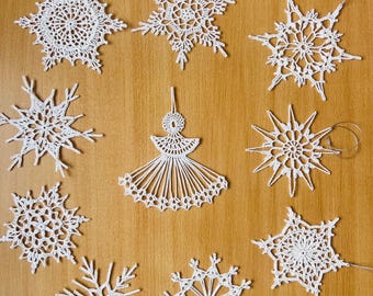 Crochet snowflakes (white set of 10pcs) (blue set of 6pcs), Christmas decoration, Amigurumi Snowflake, Christmas decor