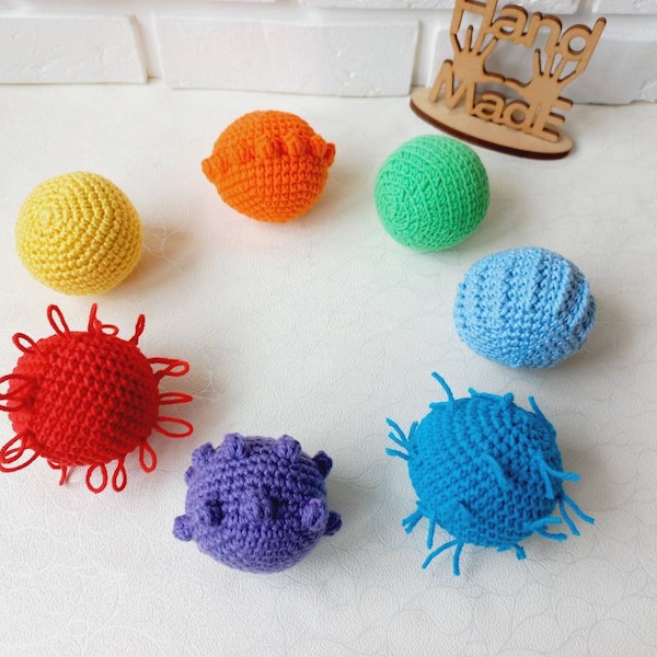 Montessori tactile balls, Montessori colored knitted balls 7 pieces, children's motor skills, crochet colour sorter, baby and toddler