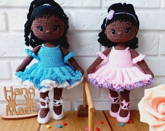 Doll Black ballerina, Dark skin african american doll, Hand knitted crochet doll, Knitted baby doll, Amigurumi dolls for sale