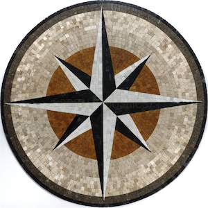 Nautical Compass Mosaic Tile: Handmade Marble Rose Star Artwork