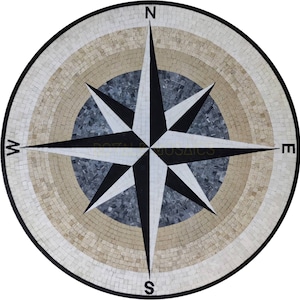 May include: A black and white compass rose mosaic tile with beige and white concentric circles. The compass points are labeled N, S, E, and W.