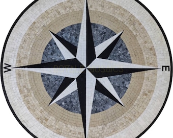 Marmor Kompass Rose Mosaik Kunst - Handgefertigtes Nautisches Stern Inlay Luxus Medaillon Dekor für Wand und Boden