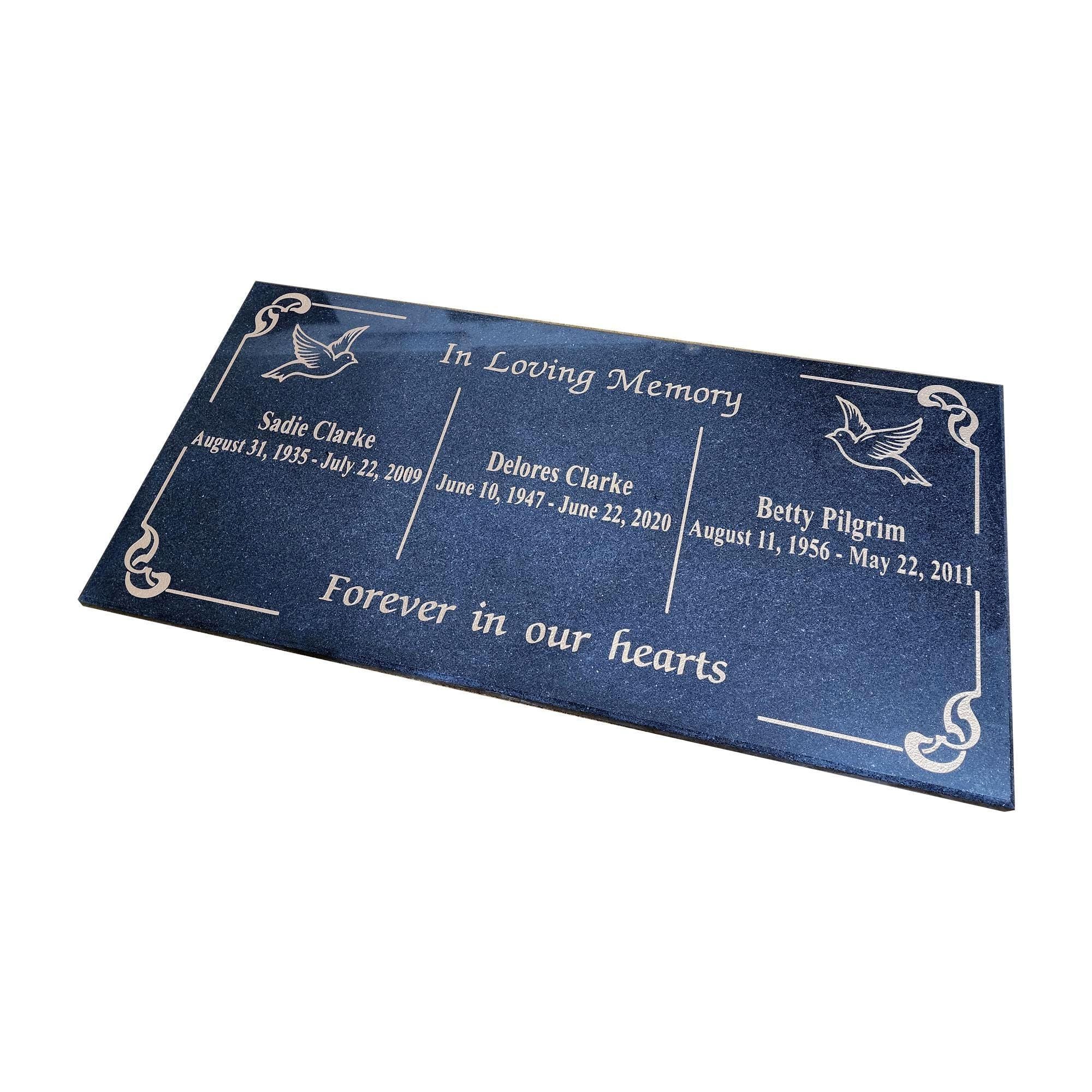 Engraved Black Granite Headstone: 3 People Burial Plaque, Birds