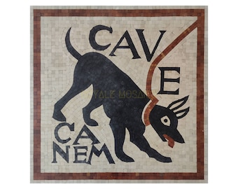 Cave Canem Dog Marble Mosaic Medallion: Handmade Natural Stone Artwork