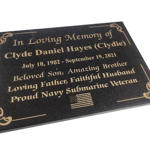Engraved Black Granite Veteran Memorial Plaque - USA Flag Grave Marker