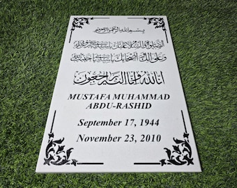 Kundenspezifischer weißer islamischer Kopfstein • personalisierte vertikaler muslimischer Grabstein • arabisch gravierte Gedenktafel