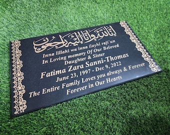 Muslim memorial grave headstone engraved black granite islamic plaque personalised custom gravestone marker for cemetery bevelled polished
