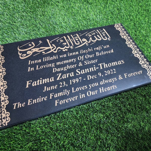 Pierre tombale commémorative musulmane gravée plaque islamique de granit noir personnalisé marqueur de pierre tombale personnalisé pour cimetière biseauté poli