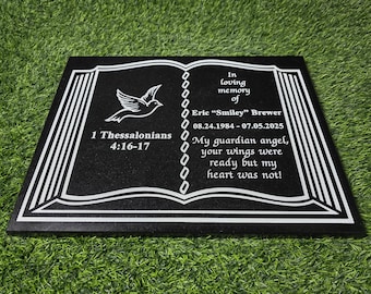 Personalized Black Granite Memorial Plaque with Bible Verse & Dove – Custom Engraved Headstone Grave Marker