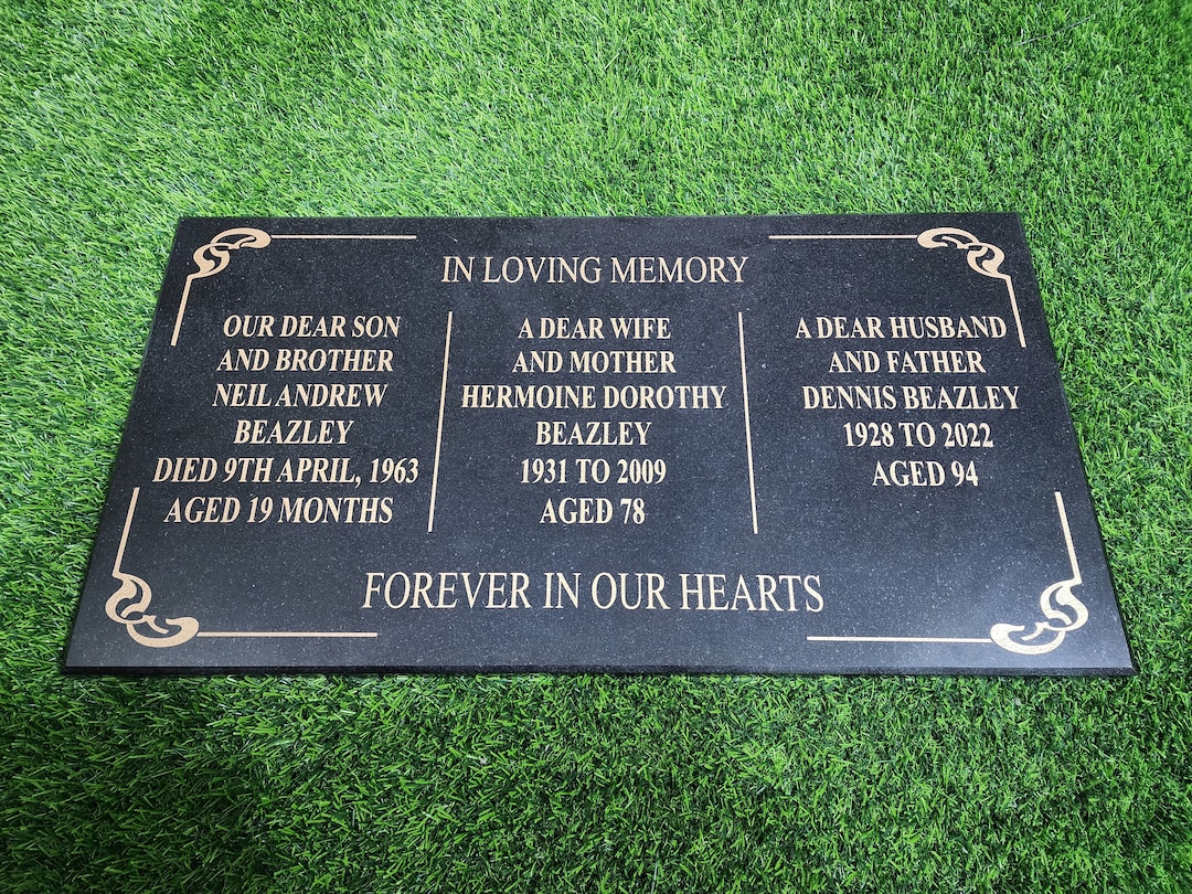 Engraved Black Granite 3-person Headstone: Cemetery Memorial