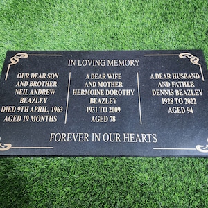 3 Person headstone for cemetery engraved large memorial grave marker personalized plaque black granite human flat burial stone 24&quot;x12&quot;