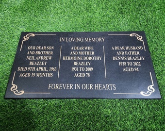 3 Person headstone for cemetery engraved large memorial grave marker personalized plaque black granite human flat burial stone 24&quot;x12&quot;