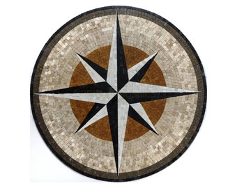 Nautical compass mosaic marble tile medallion handmade stone artwork for walls floors tabletops, rose navigation star, customizable design